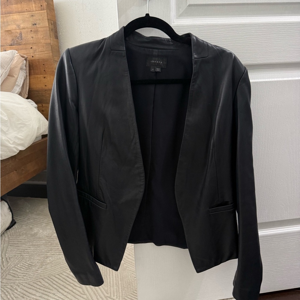 Theory Black Leather Open-Front Blazer